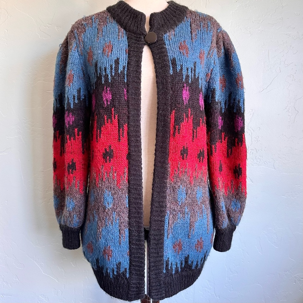 Vintage JJ Browne Abstract Southwest Wool Blend Cardigan Sweater Size Medium